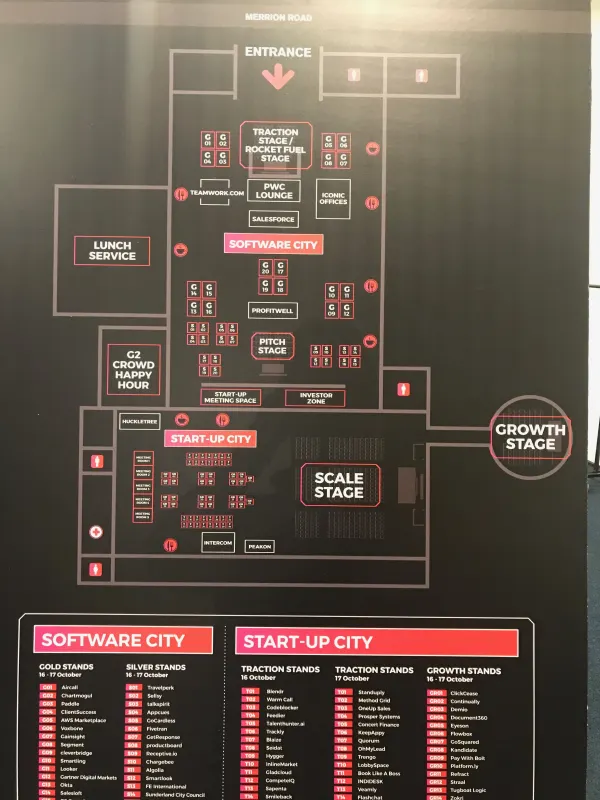 On-site signage at SaaStock Europe 2018 — full venue floor plan board showing the Merrion Road entrance, Traction Stage / Rocket Fuel Stage, PWC Lounge, Salesforce, Software City stands (G01–G20), Pitch Stage, Lunch Service, G2 Crowd Happy Hour, Huckletree, Intercom, Peakon, the Scale Stage and the Growth Stage