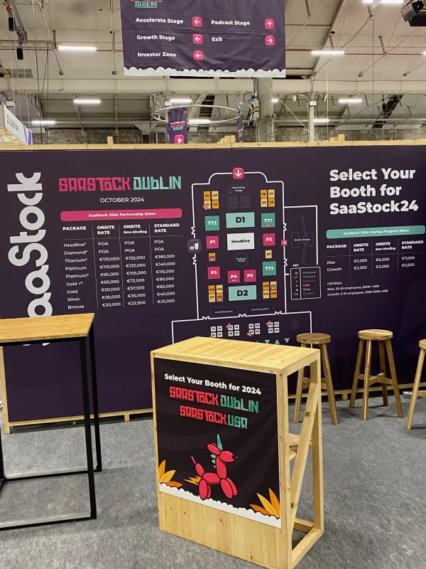 On-site signage at SaaStock Europe 2023 — the SaaStock Dublin October 2024 booth-booking board with package rates and a floor-plan diagram