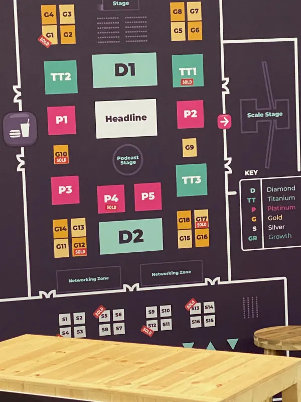 On-site signage at SaaStock Europe 2023 — close-up of the Dublin 2023 expo floor plan showing Diamond, Titanium, Platinum, Gold and Growth booths around the Headline stage
