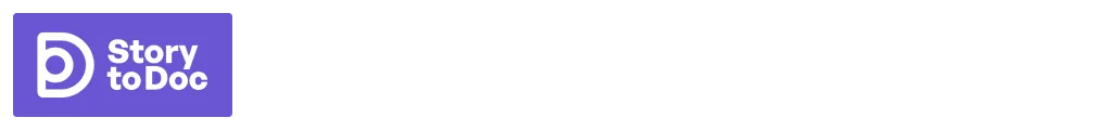 Storytodoc logo. White copy, purple background
