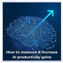 Brain outline with light green lines and diagonal right arrow pointing to top right. White copy on dark blue background reads how to measure and increase productivity gains.