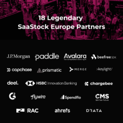 18 SaaStock Europe Partner logos on pink and black background